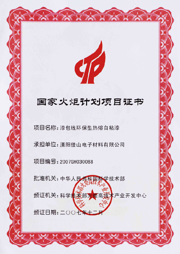 Certificate of national torch plan project